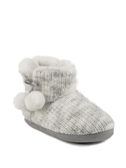 Totes Grey Ladies Knitted Boot Slippers with Pom Pom - Image 3 of 8