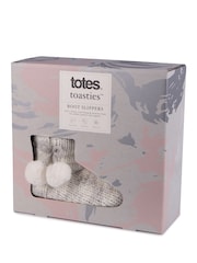 Totes Grey Ladies Knitted Boot Slippers with Pom Pom - Image 7 of 8