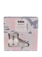 Totes Grey Ladies Knitted Boot Slippers with Pom Pom - Image 8 of 8