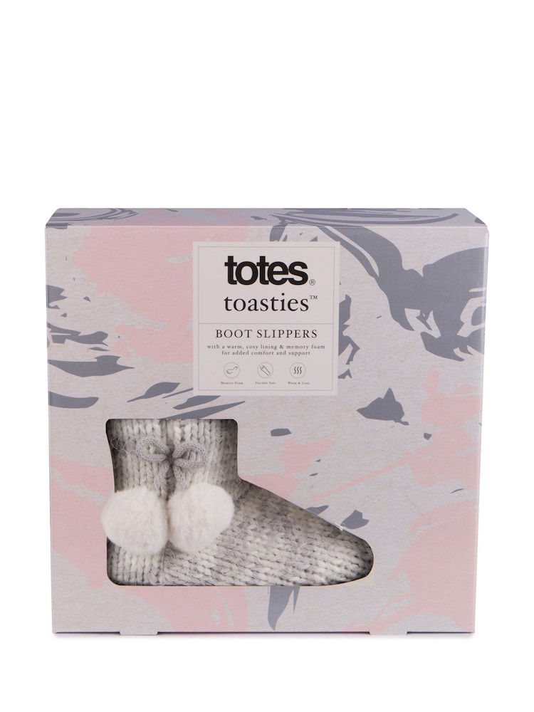 Totes Grey Ladies Knitted Boot Slippers with Pom Pom - Image 8 of 8