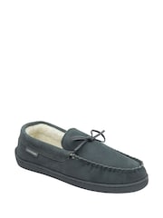 Dunlop Grey Mens Faux Fur Lined Leather Moccasin Slippers - Image 1 of 4
