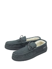 Dunlop Grey Mens Faux Fur Lined Leather Moccasin Slippers - Image 2 of 4