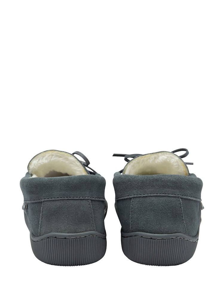 Dunlop Grey Mens Faux Fur Lined Leather Moccasin Slippers - Image 3 of 4