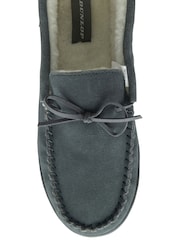 Dunlop Grey Mens Faux Fur Lined Leather Moccasin Slippers - Image 4 of 4