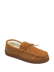 Dunlop Brown Mens Faux Fur Lined Leather Moccasin Slippers - Image 1 of 4