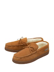 Dunlop Brown Mens Faux Fur Lined Leather Moccasin Slippers - Image 2 of 4