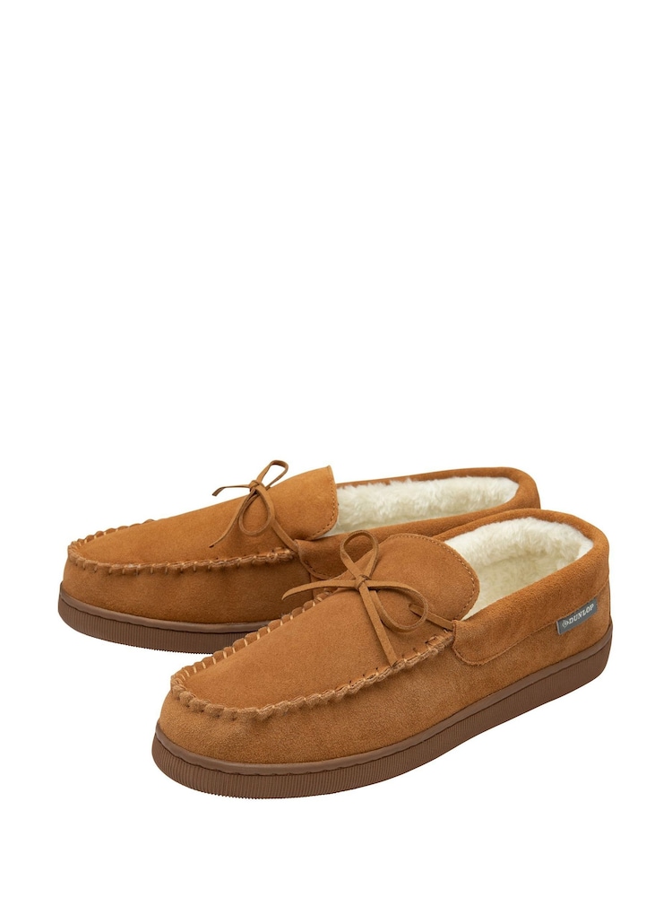Dunlop Brown Mens Faux Fur Lined Leather Moccasin Slippers - Image 2 of 4
