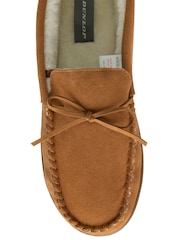 Dunlop Brown Mens Faux Fur Lined Leather Moccasin Slippers - Image 4 of 4