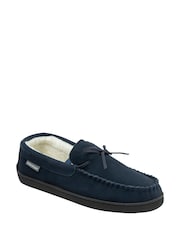 Dunlop Blue Mens Faux Fur Lined Leather Moccasin Slippers - Image 1 of 4
