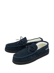 Dunlop Blue Mens Faux Fur Lined Leather Moccasin Slippers - Image 2 of 4