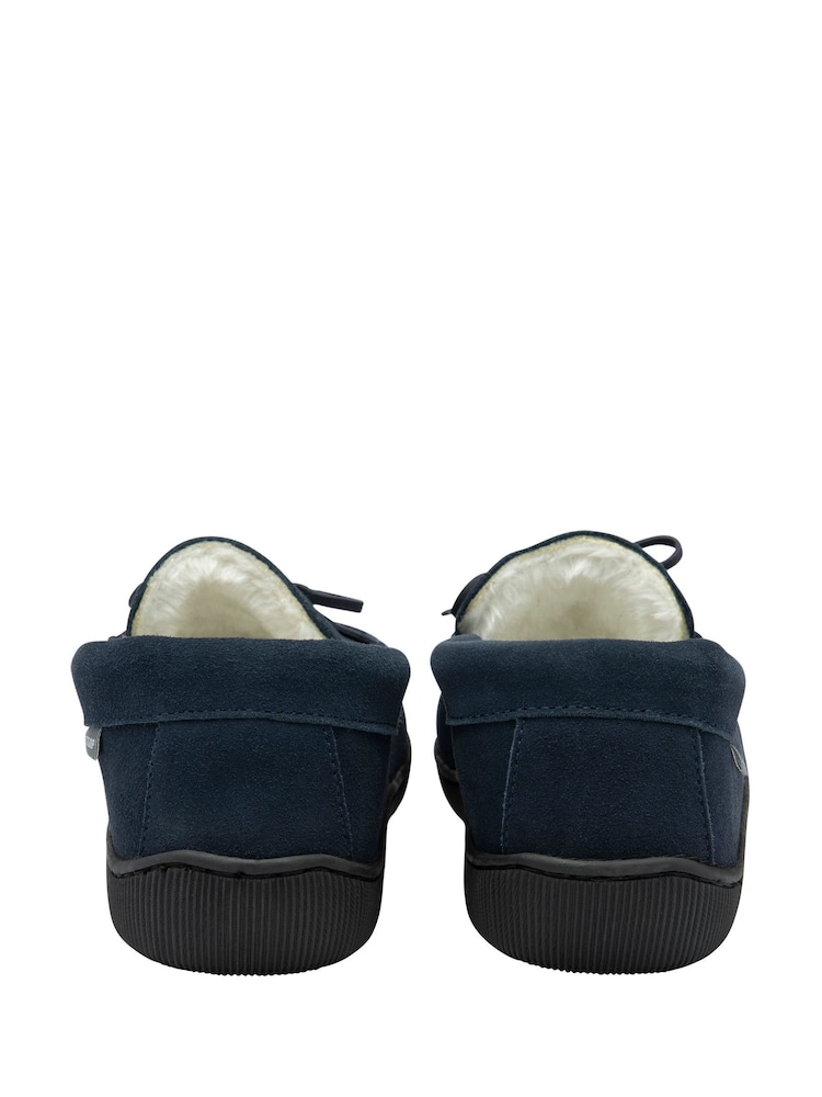 Dunlop Blue Mens Faux Fur Lined Leather Moccasin Slippers - Image 3 of 4