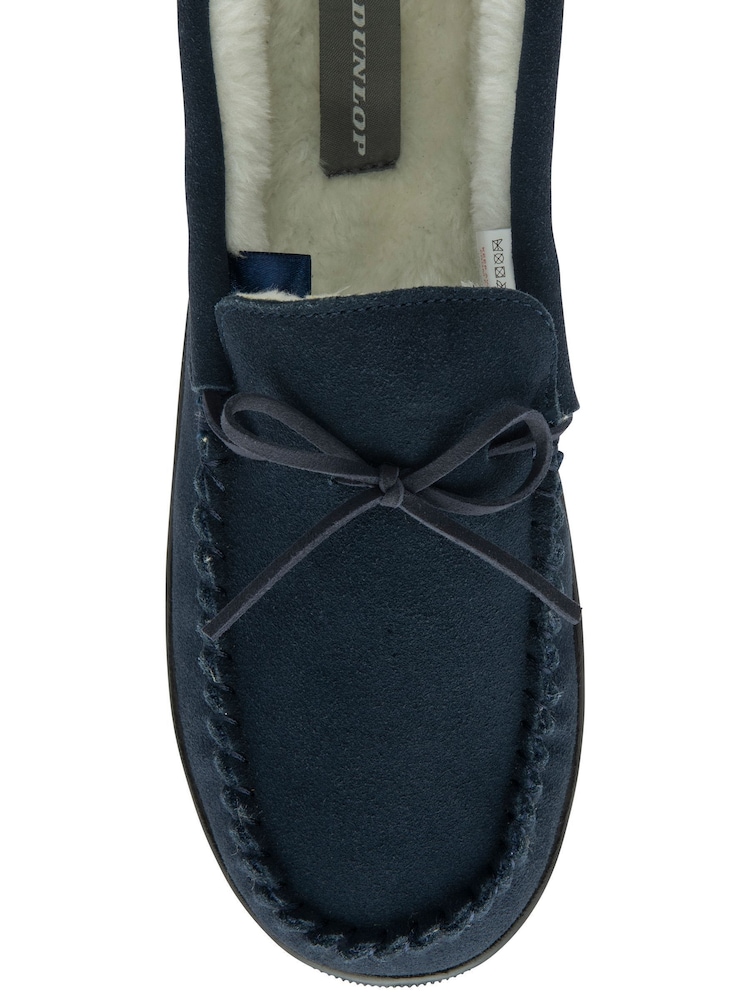 Dunlop Blue Mens Faux Fur Lined Leather Moccasin Slippers - Image 4 of 4