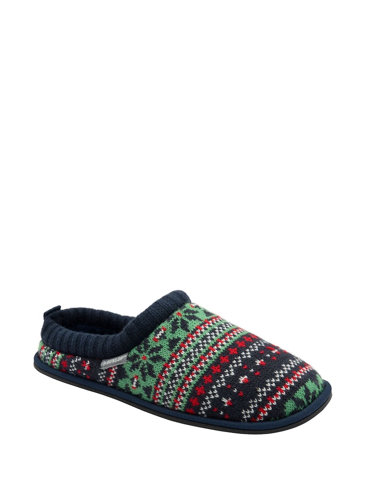Dunlop Green Mens Fairisle Pattern Warm Lined Slipper Mules - Image 1 of 4