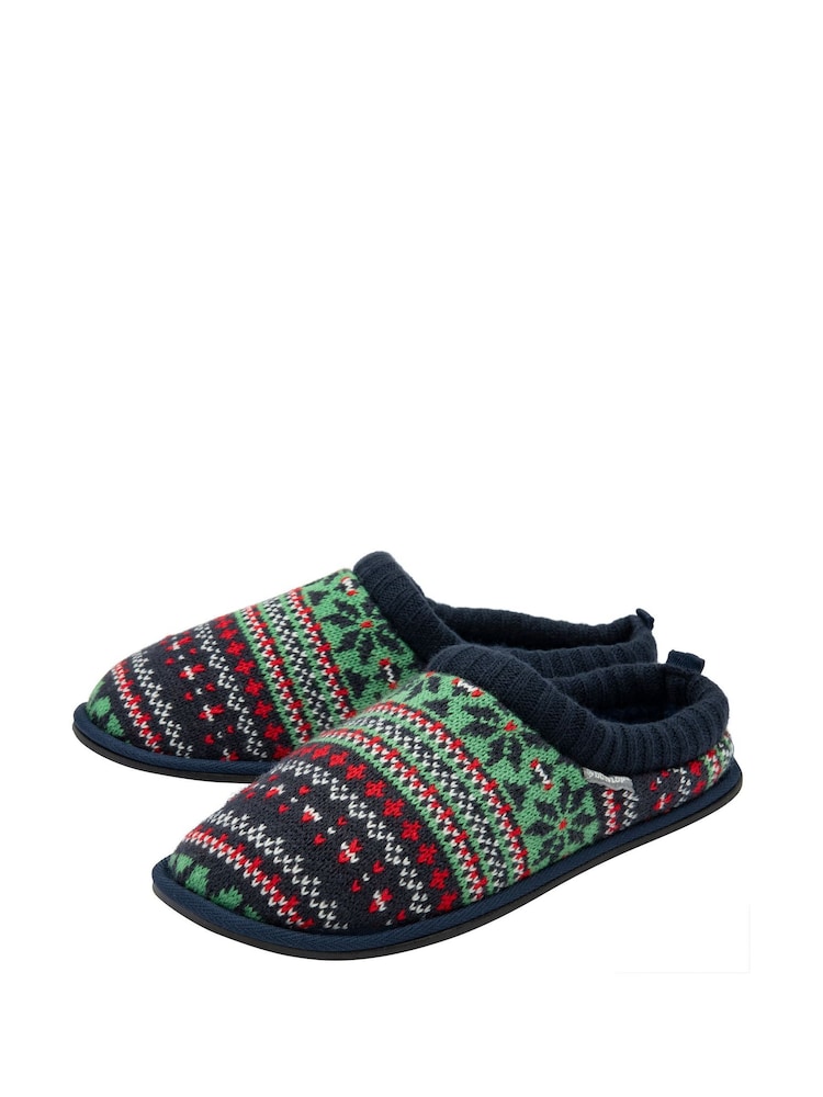 Dunlop Green Mens Fairisle Pattern Warm Lined Slipper Mules - Image 2 of 4