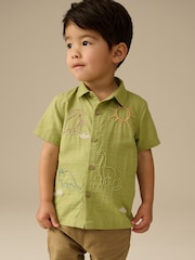 Khaki Dino Embroidered Short Sleeves Embroidered Shirt (3mths-7yrs) - Image 1 of 8