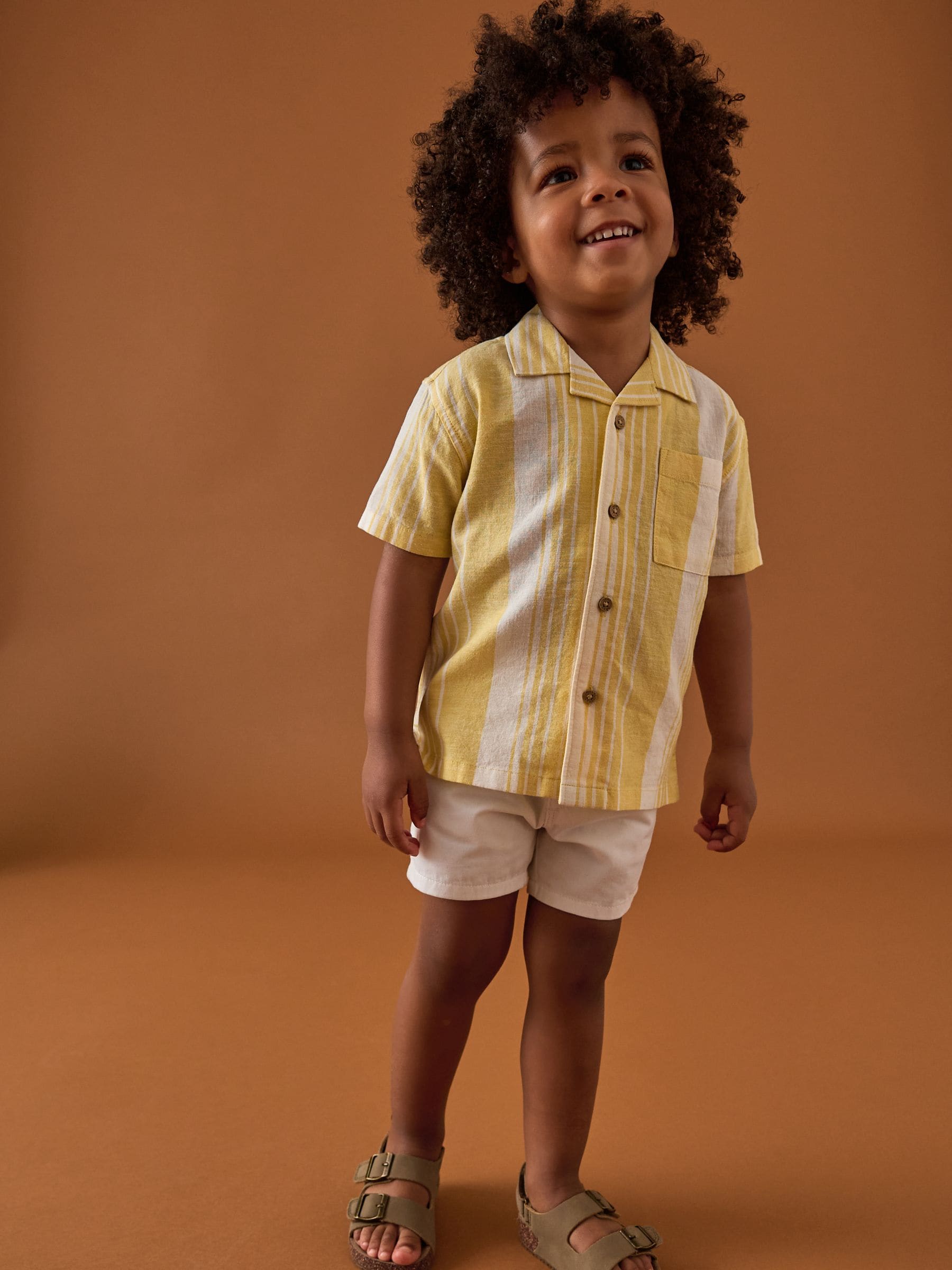 Buy Yellow Short Sleeves Revere Collar Linen Blend Stripe Shirt