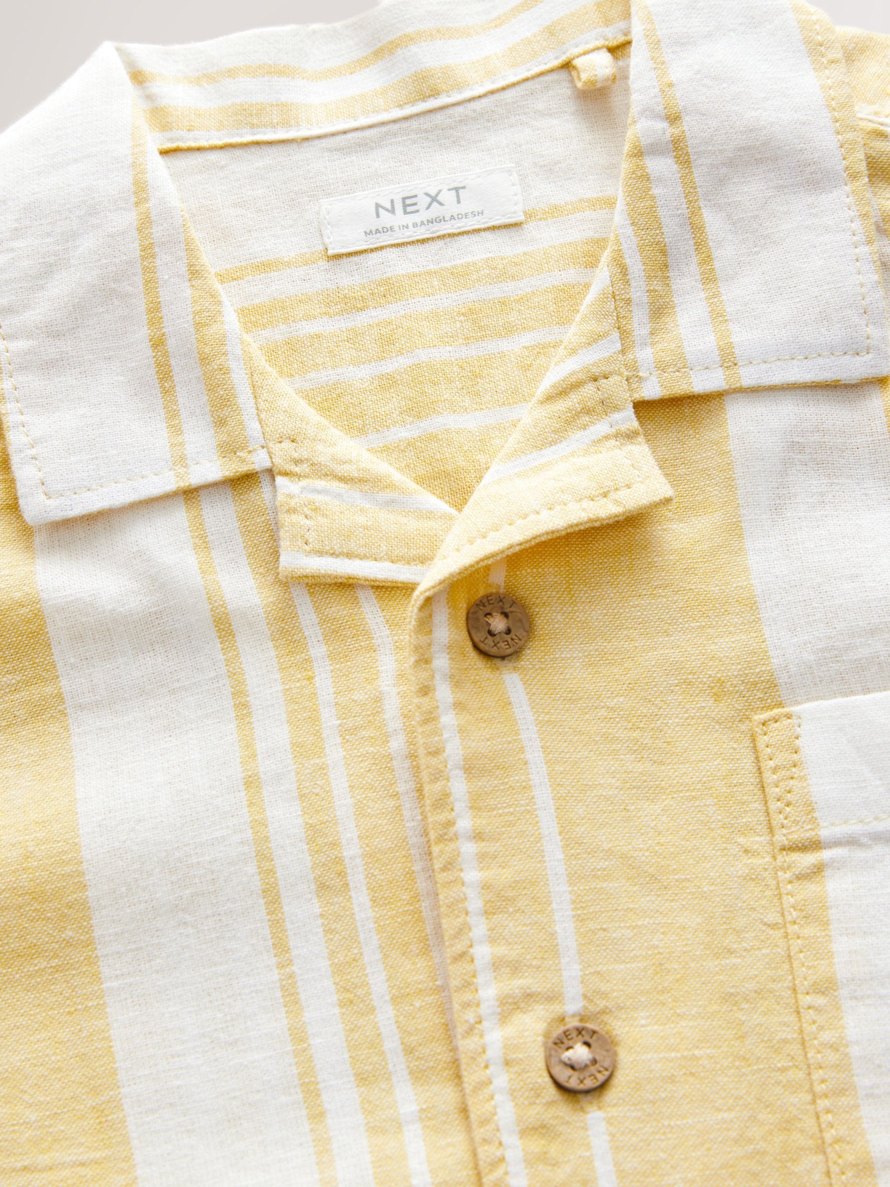 Buy Yellow Short Sleeves Revere Collar Linen Blend Stripe Shirt