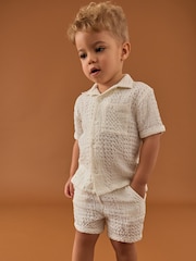 Ecru Texture Plain Revere Collar Short Sleeve Texture Shirt And Shorts Set (3mths-7yrs) - Image 1 of 9