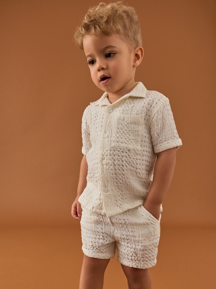 Ecru Texture Plain Revere Collar Short Sleeve Texture Shirt And Shorts Set (3mths-7yrs) - Image 1 of 9