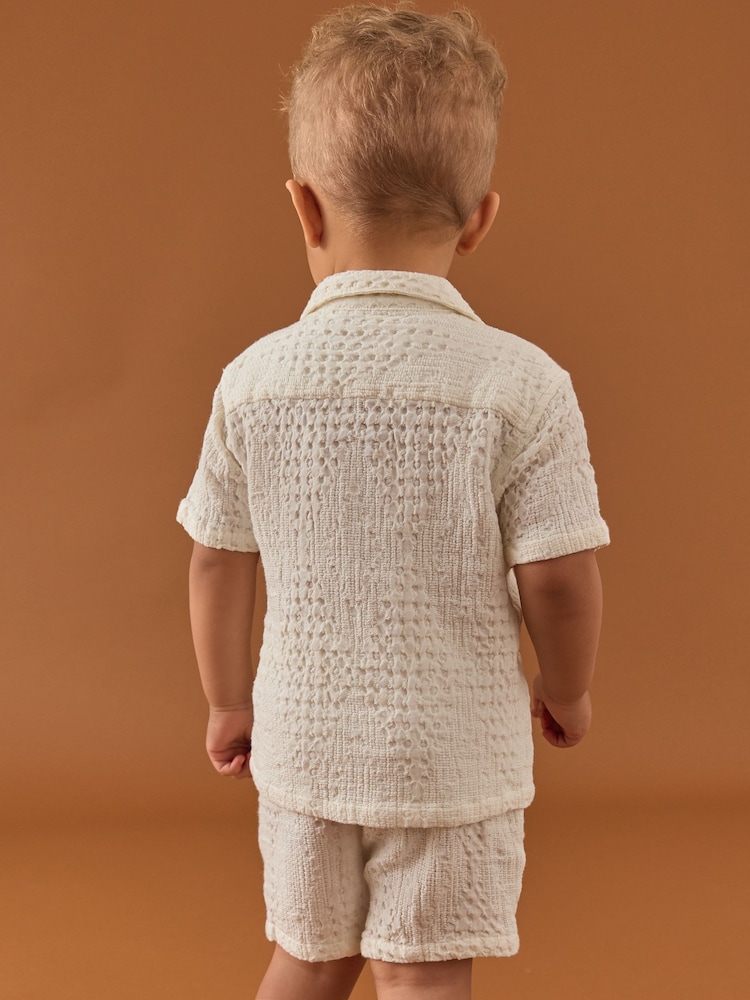 Ecru Texture Plain Revere Collar Short Sleeve Texture Shirt And Shorts Set (3mths-7yrs) - Image 3 of 9