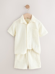 Ecru Texture Plain Revere Collar Short Sleeve Texture Shirt And Shorts Set (3mths-7yrs) - Image 6 of 9