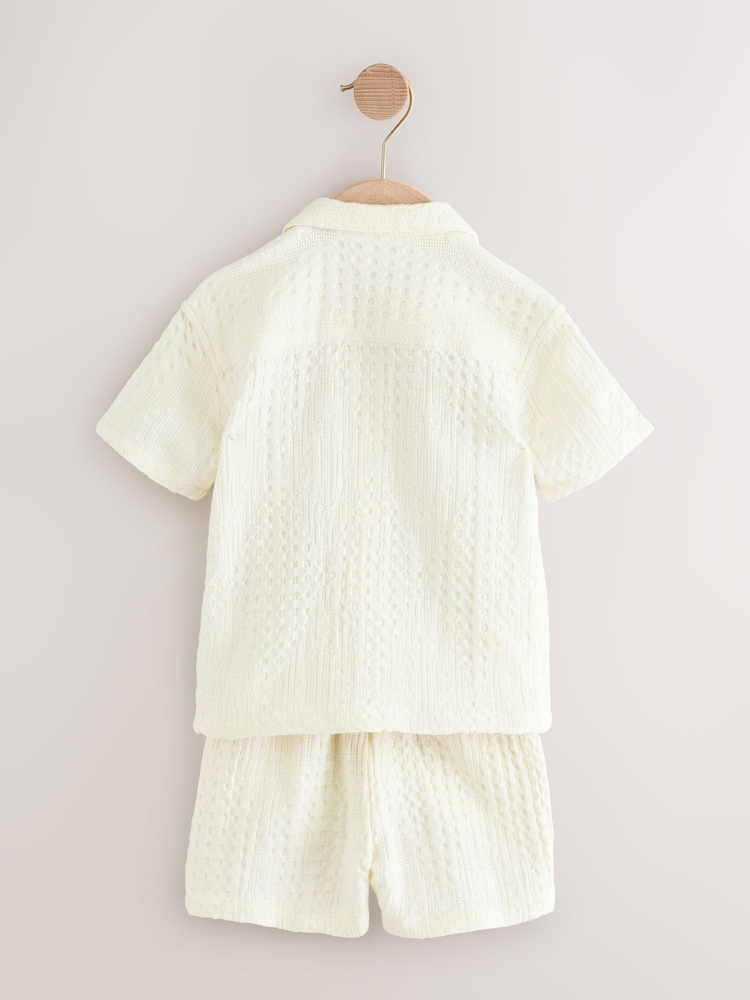 Ecru Texture Plain Revere Collar Short Sleeve Texture Shirt And Shorts Set (3mths-7yrs) - Image 7 of 9