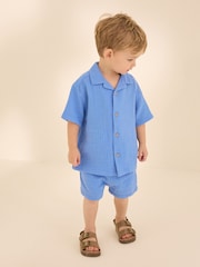 Bright Blue Plain Shirt & Short Set 100% Cotton Short Sleeves Revere Collar Textured Shirt & Shorts Set (3mths-7yrs) - Image 1 of 9