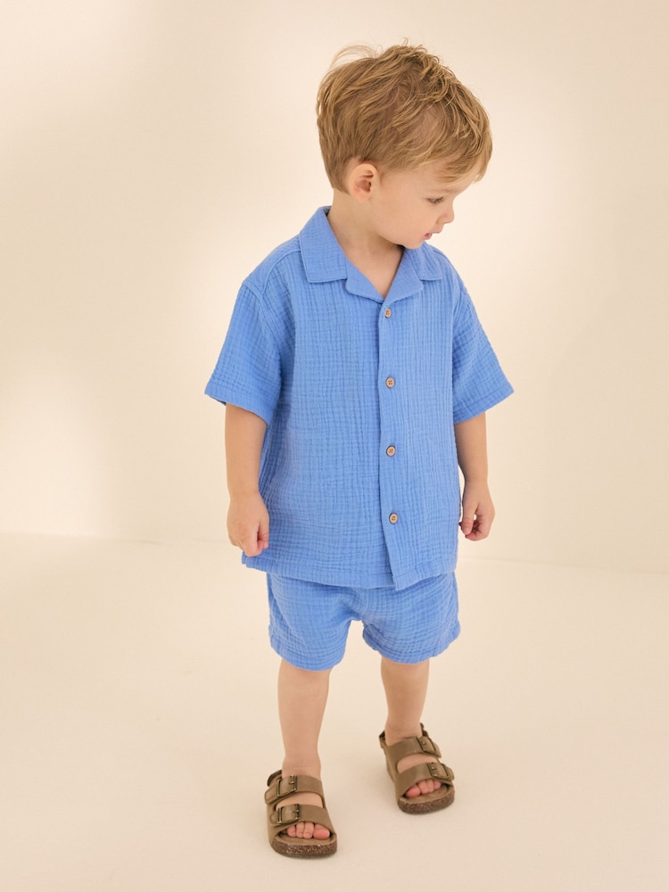 Bright Blue Plain Shirt & Short Set 100% Cotton Short Sleeves Revere Collar Textured Shirt & Shorts Set (3mths-7yrs) - Image 1 of 9