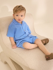 Bright Blue Plain Shirt & Short Set 100% Cotton Short Sleeves Revere Collar Textured Shirt & Shorts Set (3mths-7yrs) - Image 2 of 9