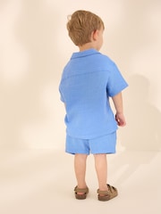 Bright Blue Plain Shirt & Short Set 100% Cotton Short Sleeves Revere Collar Textured Shirt & Shorts Set (3mths-7yrs) - Image 3 of 9