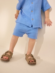 Bright Blue Plain Shirt & Short Set 100% Cotton Short Sleeves Revere Collar Textured Shirt & Shorts Set (3mths-7yrs) - Image 4 of 9