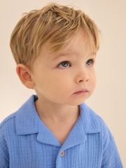Bright Blue Plain Shirt & Short Set 100% Cotton Short Sleeves Revere Collar Textured Shirt & Shorts Set (3mths-7yrs) - Image 5 of 9