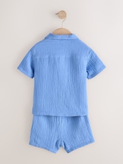 Bright Blue Plain Shirt & Short Set 100% Cotton Short Sleeves Revere Collar Textured Shirt & Shorts Set (3mths-7yrs) - Image 7 of 9