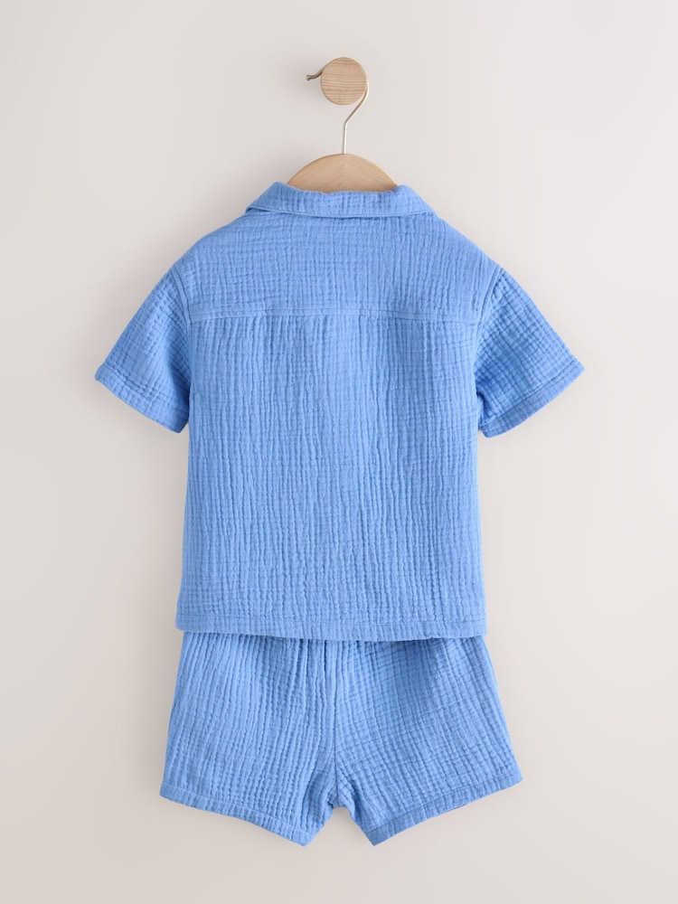 Bright Blue Plain Shirt & Short Set 100% Cotton Short Sleeves Revere Collar Textured Shirt & Shorts Set (3mths-7yrs) - Image 7 of 9