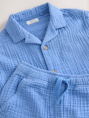Bright Blue Plain Shirt & Short Set 100% Cotton Short Sleeves Revere Collar Textured Shirt & Shorts Set (3mths-7yrs) - Image 8 of 9