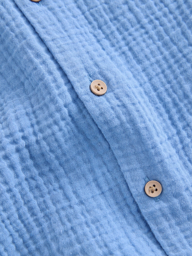 Bright Blue Plain Shirt & Short Set 100% Cotton Short Sleeves Revere Collar Textured Shirt & Shorts Set (3mths-7yrs) - Image 9 of 9