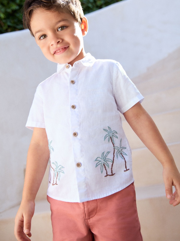 White Palm Tree Short Sleeve Embroidered 100% Cotton Shirt (3mths-7yrs) - Image 2 of 8 White Palm Tree Short Sleeve Embroidered 100% Cotton Shirt (3mths-7yrs) - Image 2 of 8
