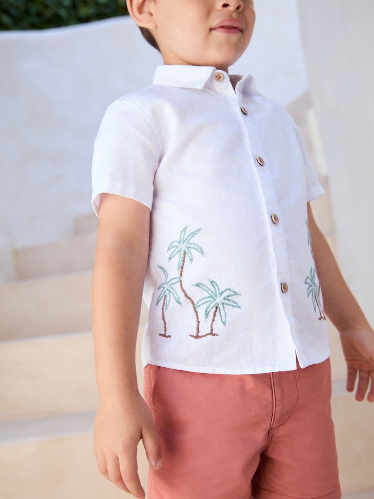 White Palm Tree Short Sleeve Embroidered 100% Cotton Shirt (3mths-7yrs) - Image 4 of 8