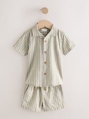 Green/Grey Short Sleeve Linen Blend Stripe Shirt and Shorts Set (3mths-7yrs) - Image 1 of 8