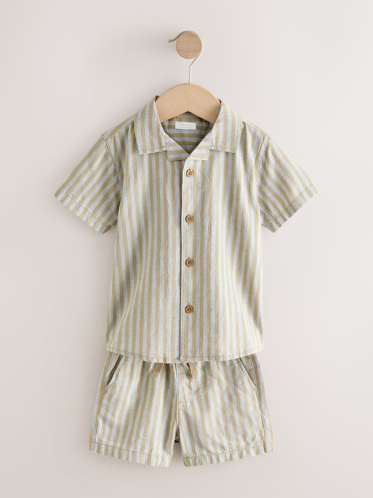 Green/Grey Short Sleeve Linen Blend Stripe Shirt and Shorts Set (3mths-7yrs) - Image 1 of 8