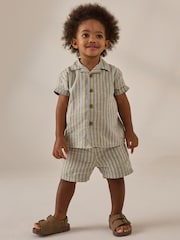Green/Grey Short Sleeve Linen Blend Stripe Shirt and Shorts Set (3mths-7yrs) - Image 2 of 8