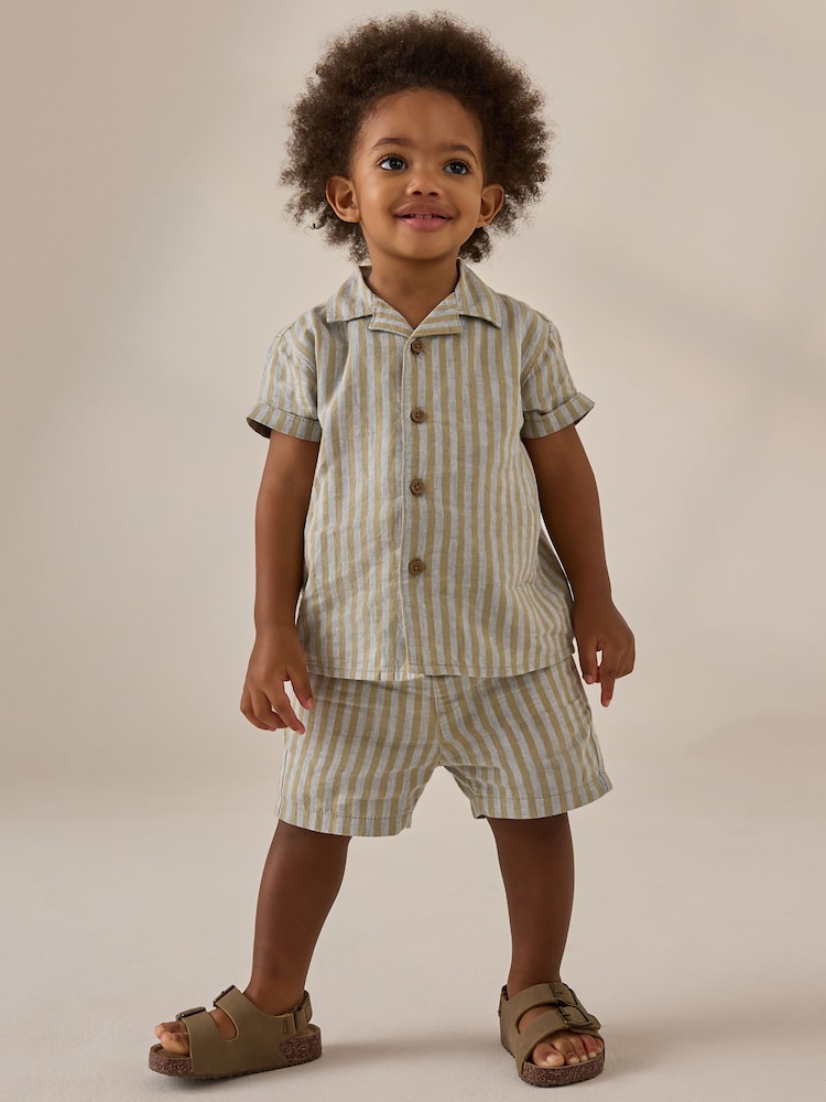 Green/Grey Short Sleeve Linen Blend Stripe Shirt and Shorts Set (3mths-7yrs) - Image 2 of 8