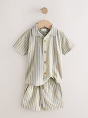 Green/Grey Short Sleeve Linen Blend Stripe Shirt and Shorts Set (3mths-7yrs) - Image 5 of 8