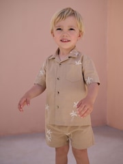 Tan Brown Texture Palm Revere Collar Short Sleeve Texture Shirt And Shorts Set (3mths-7yrs) - Image 1 of 9