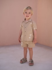 Tan Brown Texture Palm Revere Collar Short Sleeve Texture Shirt And Shorts Set (3mths-7yrs) - Image 2 of 9