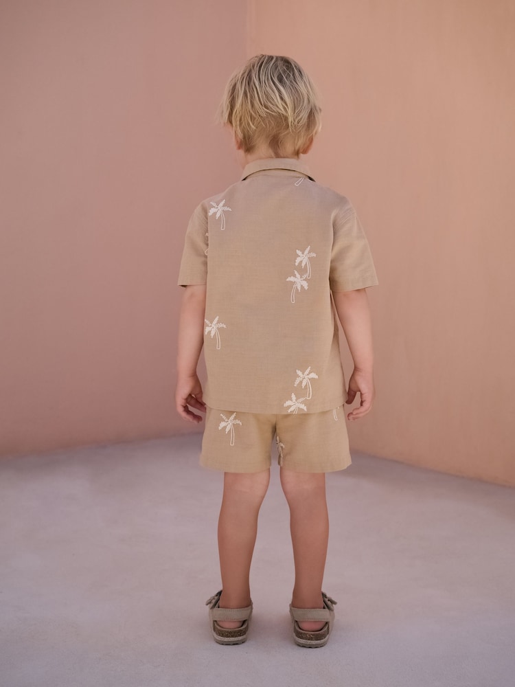 Tan Brown Texture Palm Revere Collar Short Sleeve Texture Shirt And Shorts Set (3mths-7yrs) - Image 3 of 9