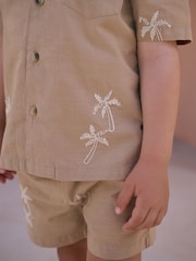Tan Brown Texture Palm Revere Collar Short Sleeve Texture Shirt And Shorts Set (3mths-7yrs) - Image 4 of 9