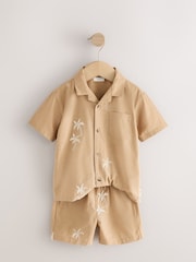 Tan Brown Texture Palm Revere Collar Short Sleeve Texture Shirt And Shorts Set (3mths-7yrs) - Image 6 of 9