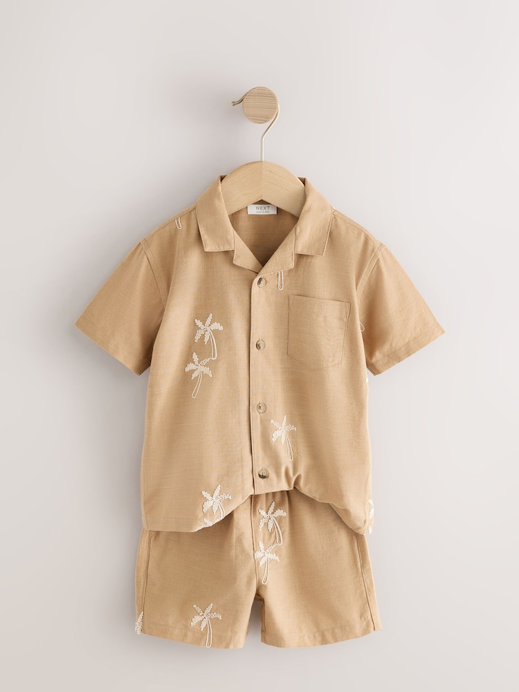 Tan Brown Texture Palm Revere Collar Short Sleeve Texture Shirt And Shorts Set (3mths-7yrs) - Image 6 of 9