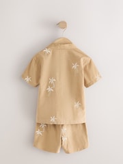 Tan Brown Texture Palm Revere Collar Short Sleeve Texture Shirt And Shorts Set (3mths-7yrs) - Image 7 of 9